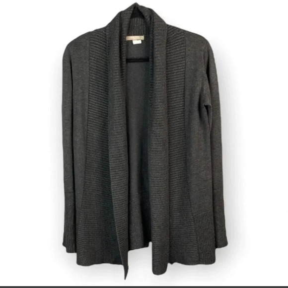 JOAN VASS Knit Draped Open Cardigan Sweater Dark Gray Shawl Collar Coastal S - Picture 2 of 11
